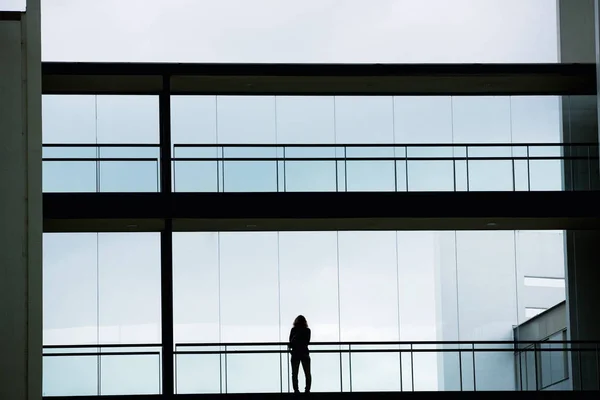 Vista silhueta de uma jovem empresária num moderno edifício de escritórios interior — Fotografia de Stock
