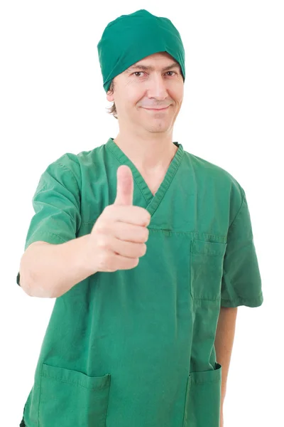 Enfermeira feliz mostrando polegares para cima, isolado — Fotografia de Stock