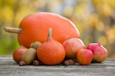 Sonbahar doğa kavramı. Sonbahar meyve ahşap bir masa üzerinde açık havada