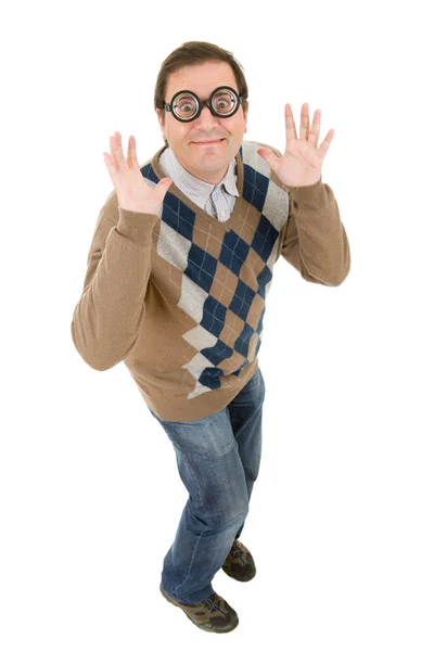 Geek głupi człowiek pełnej długości wygranej, na białym tle — Zdjęcie stockowe