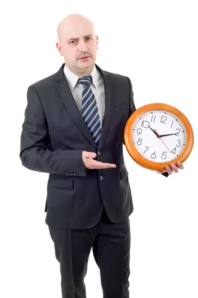Homme d'affaires fou avec horloge isolé sur un fond blanc — Photo