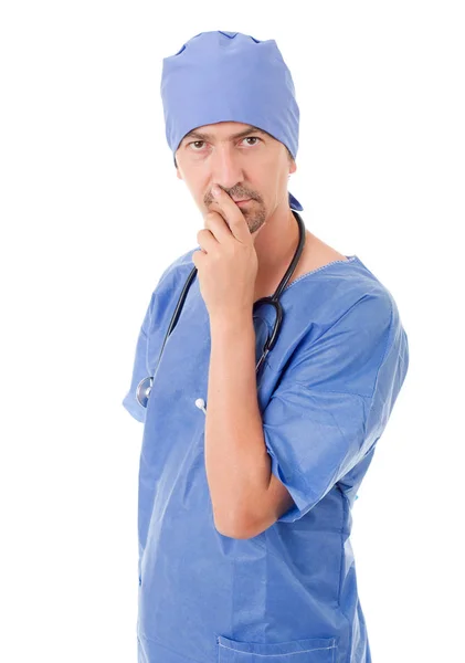 Médico masculino pensando, aislado sobre fondo blanco — Foto de Stock