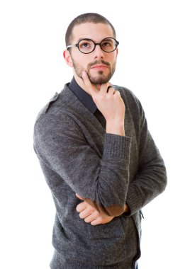 casual adam düşünme, beyaz arka plan üzerinde izole
