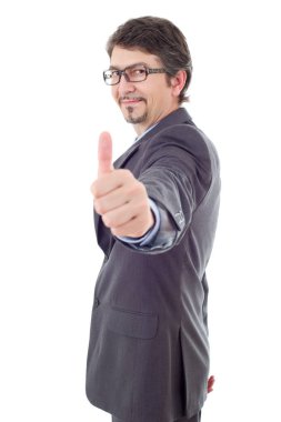 başparmak yukarıya üstünde izole beyaz olacak iş adamı