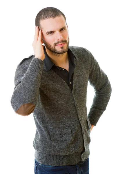 Jeune homme occasionnel avec un mal de tête, isolé sur blanc — Photo