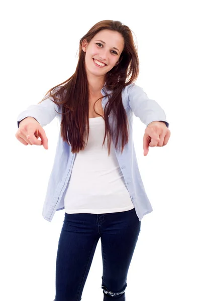 Joven feliz hermosa mujer señalando, aislado en blanco —  Fotos de Stock