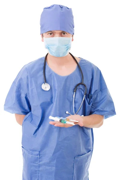 Lekarzem w szpitalu ze strzykawki na białym tle nad białym tle — Zdjęcie stockowe