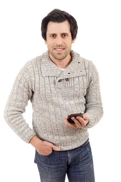 Young casual man with a phone, isolated — Stock Photo, Image