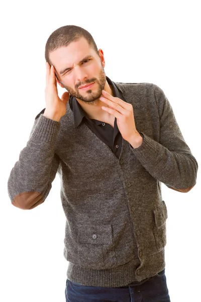 Casual man met een hoofdpijn, geïsoleerd op wit — Stockfoto