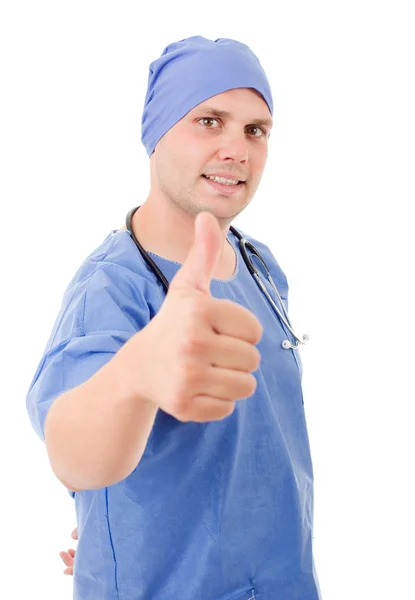 Щасливий чоловік лікар показує великі пальці вгору, ізольовані — стокове фото