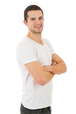 Genç, mutlu, sıradan bir erkek portresi, beyaz tenli.