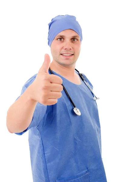 Ευτυχισμένος αρσενικό ο γιατρός δείχνει τους αντίχειρες επάνω, απομονωμένο — Φωτογραφία Αρχείου