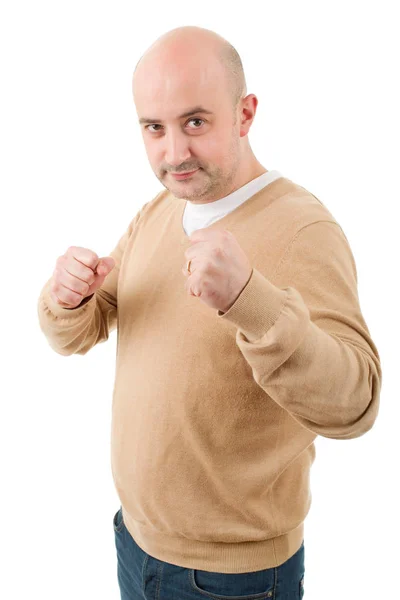Happy casual man showing his fists isolated on white background — Stock Photo, Image