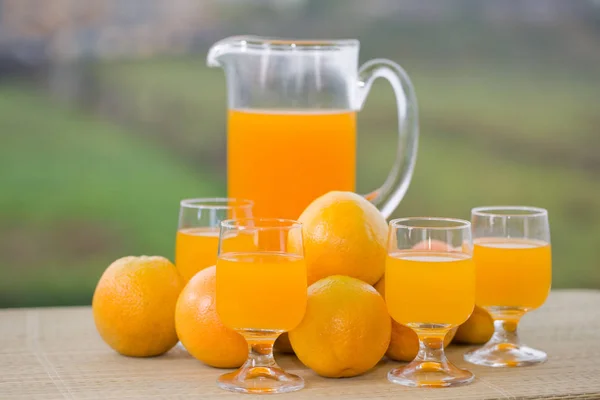 Sklenice lahodného pomerančového džusu a pomerančů na stole v zahradě — Stock fotografie
