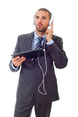 iş adamı izole bir tablet pc ile çalışma