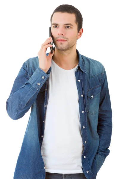 Homem feliz casual com um telefone, isolado — Fotografia de Stock