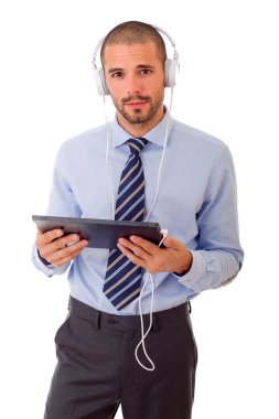 iş adamı izole bir tablet pc ile çalışma