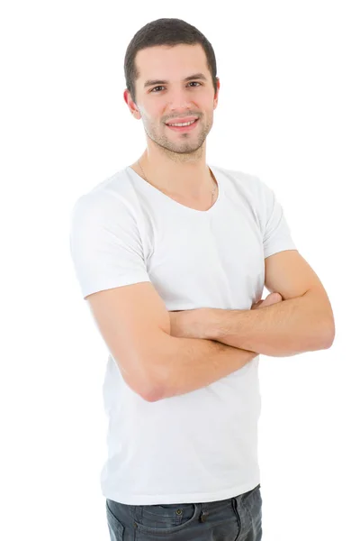 Młody szczęśliwy przypadkowy mężczyzna portret, odizolowany na białym — Zdjęcie stockowe
