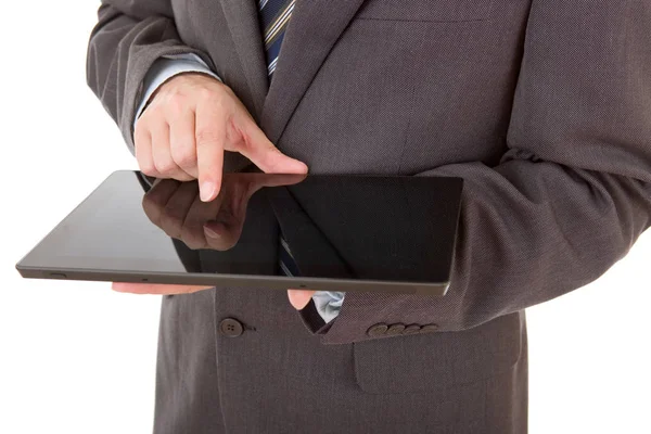 Businessman using touch pad, close up shot on tablet pc, isolated — Stock Photo, Image