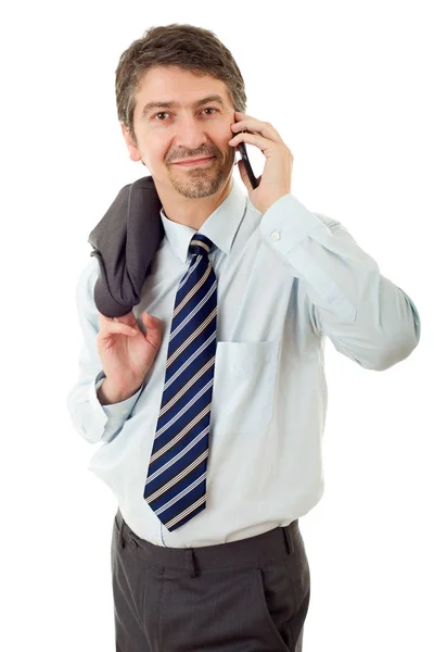 Счастливый бизнесмен по телефону, изолированный — стоковое фото
