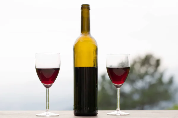 Butelka wina i szkło na drewniany stół, ogrodowy — Zdjęcie stockowe