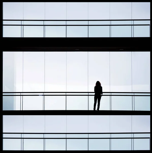 Vista silhueta de uma jovem empresária num moderno edifício de escritórios interior — Fotografia de Stock