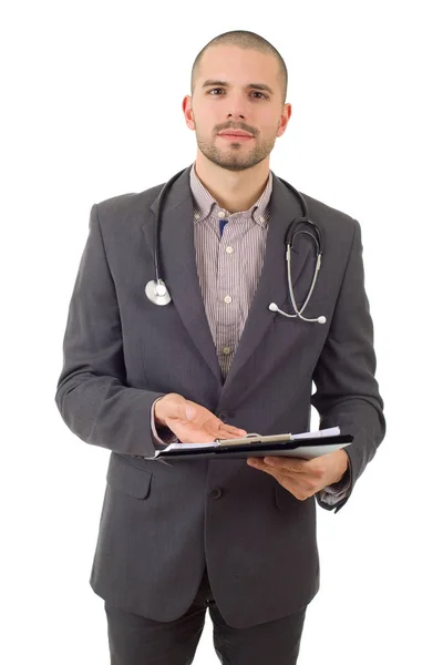 Gelukkig man dokter, geïsoleerd op witte achtergrond — Stockfoto
