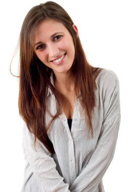 Genç, sıradan, güzel bir kadın, beyazlar içinde.