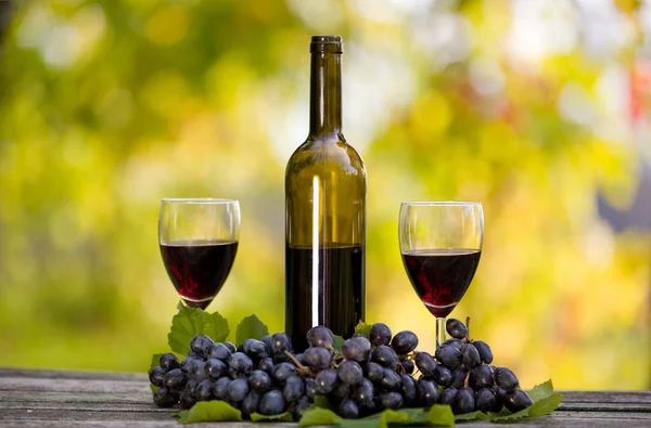 Botella de vino y uvas en mesa de madera al aire libre —  Fotos de Stock