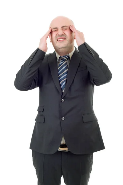Empresário em um terno gestos com uma dor de cabeça, isolado — Fotografia de Stock