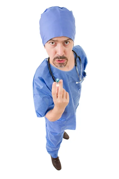 Doctor tonto con una jeringa, de cuerpo entero, aislado —  Fotos de Stock