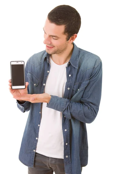 Случайный счастливый человек, показывающий телефон, изолированный — стоковое фото