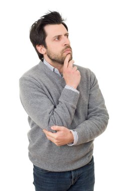 casual adam düşünme, beyaz arka plan üzerinde izole
