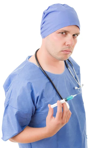 Médico louco com uma seringa isolada — Fotografia de Stock