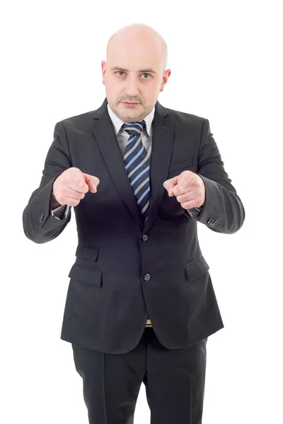 Homem de negócios apontando, isolado em branco — Fotografia de Stock