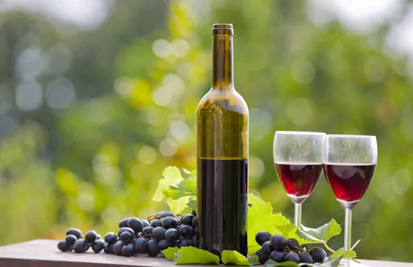 Garrafa de vinho e uvas na mesa de madeira ao ar livre — Fotografia de Stock