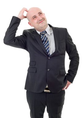 Takım elbiseli bir işadamı baş ağrısı ve izole edilmiş bir şekilde el kol hareketi yapar.