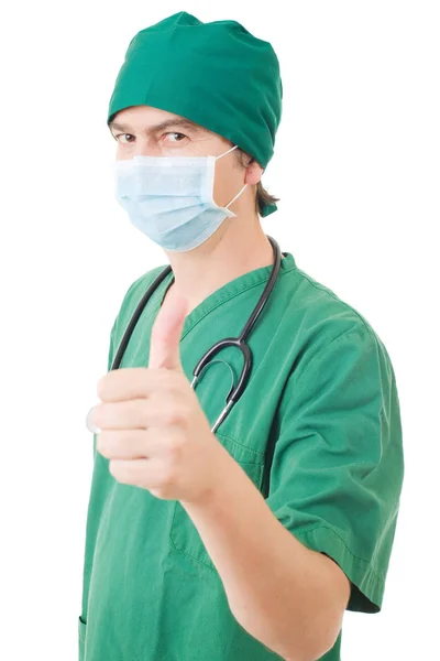 Ευτυχισμένος αρσενικό ο γιατρός δείχνει τους αντίχειρες επάνω, απομονωμένο — Φωτογραφία Αρχείου