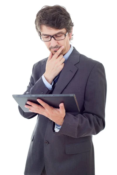 Empresário pensando com um tablet pc, isolado — Fotografia de Stock