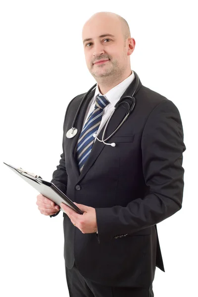 Gelukkig man dokter, geïsoleerd op witte achtergrond — Stockfoto