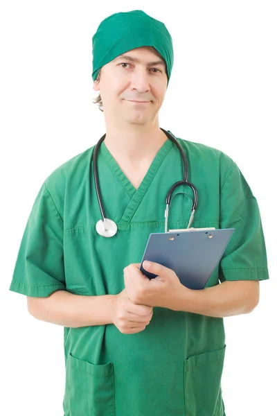 Glücklicher männlicher Arzt, isoliert auf weißem Hintergrund — Stockfoto