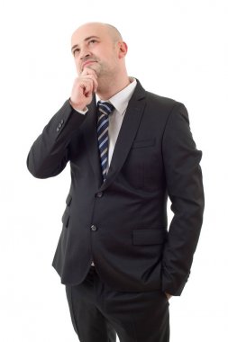 düşünme, üzerinde beyaz izole genç iş adamı