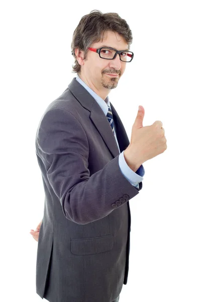 Fiatal üzletember megy hüvelykujj fel, elszigetelt fehér — Stock Fotó