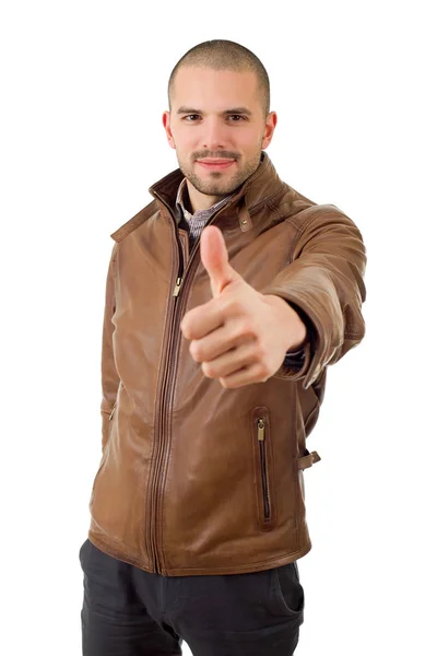 Jovem casual homem indo polegares para cima, isolado no fundo branco — Fotografia de Stock