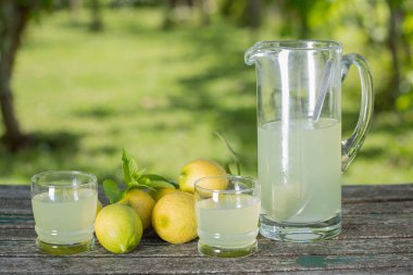 ahşap bir masa, sonbahar seti, açık üzerinde limon suyu