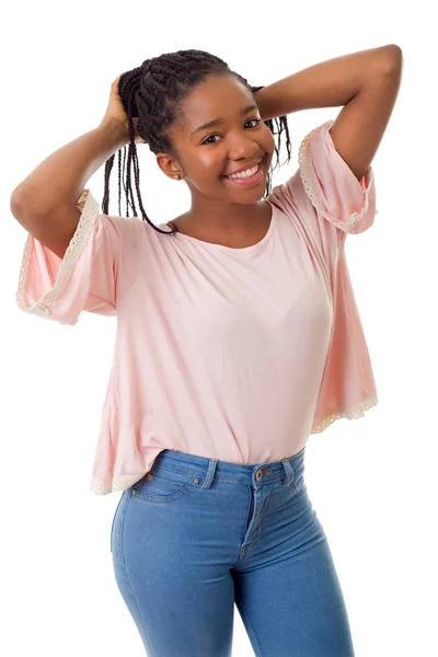 Menina africana feliz isolado no fundo branco — Fotografia de Stock