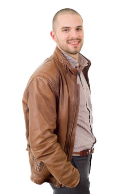 casual adam beyaz zemin üzerine izole mutlu