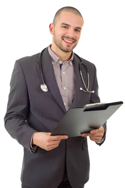 Gelukkig man dokter, geïsoleerd op witte achtergrond — Stockfoto