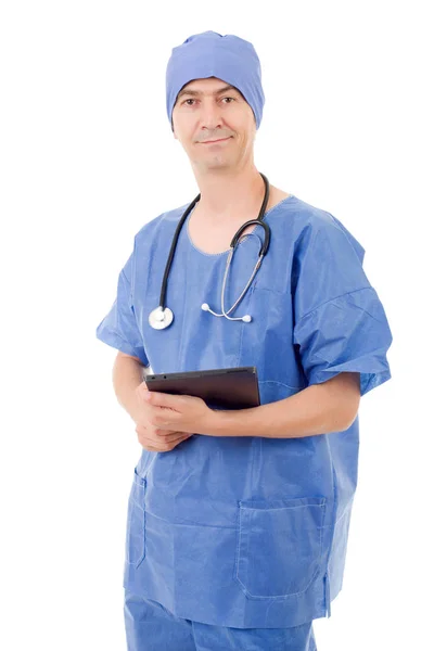 Мужчина врач с таблетками на белом фоне — стоковое фото