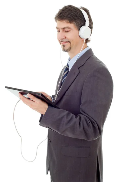 Businessman with tablet pc and headphones, isolated — Stock Photo, Image